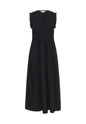 Robe midi noire sans manches avec corsage froncé, encolure en V, détail noué et jupe fluide sur fond blanc.