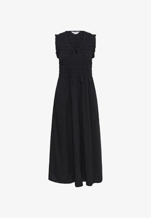 Robe midi noire sans manches avec corsage froncé, encolure en V, détail noué et jupe fluide sur fond blanc.