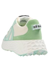 Green and cream sneaker with mesh and suede upper, textured white midsole, and rubber outsole. Features "NO NAME" logo on the heel.