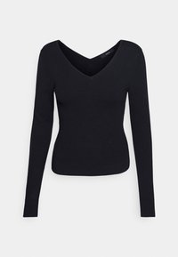 Maglione nero a maniche lunghe con scollatura a V, tessuto a coste e silhouette aderente. Design semplice senza motivi o decorazioni.