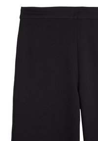Black stretchy pants featuring a wide waistband and a smooth texture. They have a straight cut with no visible seams or pockets.