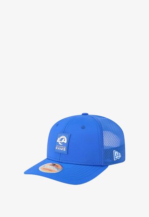 Blue baseball cap with mesh back, featuring a square logo patch that reads "LOS ANGELES RAMS." Adjustable snapback closure at rear.