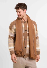 Cardigan de punto marrón a rayas con botones negros, acompañado de una bufanda marrón sólida con flecos. Texturas suaves y una paleta de colores cálidos.