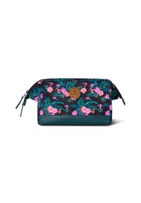 Trousse de maquillage florale avec un fond noir, ornée de fleurs roses et bleu-vert, base texturée bleu-vert et un accent de logo rond. Fermeture éclair.