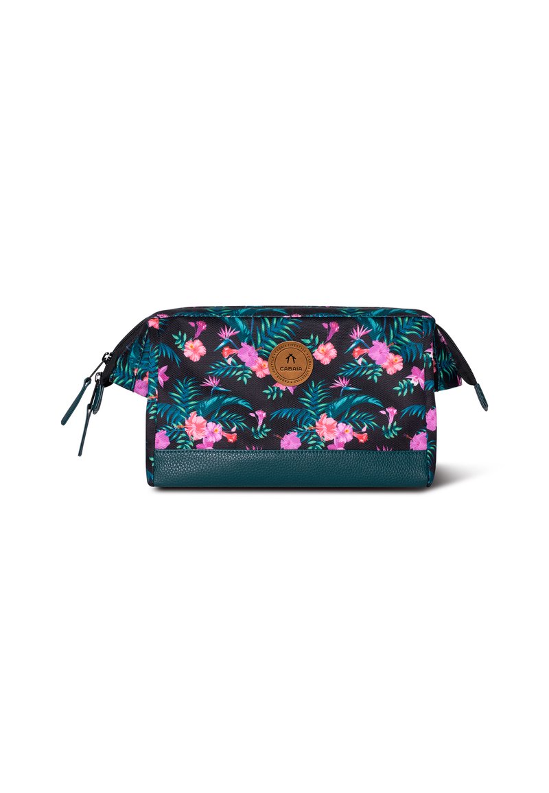 Trousse de maquillage florale avec un fond noir, ornée de fleurs roses et bleu-vert, base texturée bleu-vert et un accent de logo rond. Fermeture éclair.