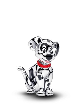 Figurina lucida di dalmata argentata con macchie nere e collare rosso, seduta e sorridente su uno sfondo bianco semplice.