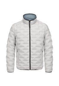 Weiße Daunenjacke mit gepolstertem Muster, hohem Kragen und vorderem Reißverschluss. Hat Seitentaschen und dunkle Akzente entlang des Reißverschlusses.