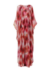 Vloeiende kaftan in doorzichtig, lichtgewicht stof met een rood en roze bloemdessin, voorzien van plooien en kwastjes aan de halslijn.