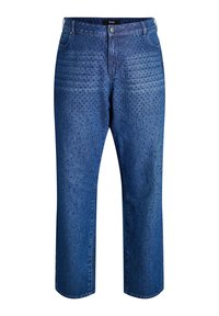 Vaqueros de mezclilla en azul oscuro con un ajuste relajado. Presentan un patrón de puntos y una cinturilla estándar con accesorios visibles. El dobladillo es de corte recto.