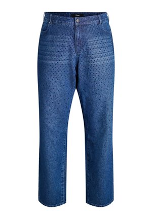 Denim jeans in dark blue with a relaxed fit. Features dot patterns and a standard waistband with visible hardware. Hem is straight cut.