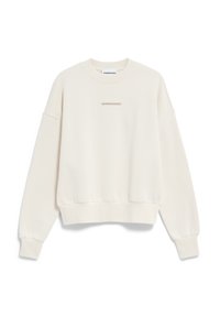 Crème kleurig sweatshirt van zacht stof, met een ronde hals, verlaagde schouders en een klein, discreet logo op de borst.