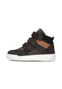 Braune High-Top-Sneaker bestehen aus einer Kombination aus glatten und strukturierten Materialien, verfügen über drei verstellbare Riemen und haben eine weiße Gummisohle für besseren Halt.
