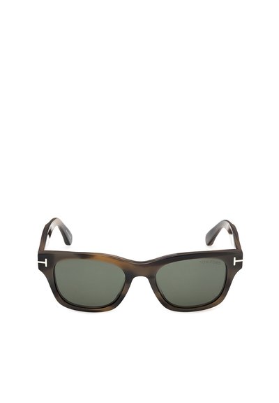 Rectangular dark green lenses set in tortoiseshell acetate frame sunglasses with silver T-shaped accents on the temples.