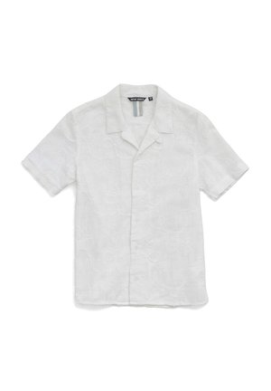 Witte korte mouwen overhemd met subtiele bloemenborduursel en een inkepingkraag, plat gelegd op een witte achtergrond.