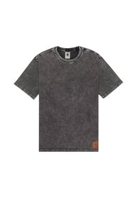 Camiseta de algodón gris oscuro con cuello redondo, mangas cortas, costuras en contraste y una etiqueta tejida en la esquina inferior izquierda.