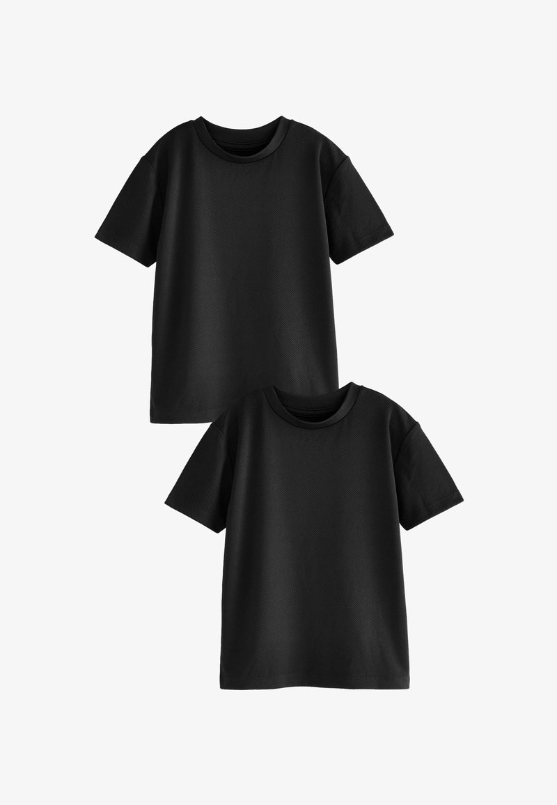 Black cotton t-shirts, short sleeve, crew neck design, textured fabric, displayed in a stacked arrangement, featuring a smooth finish.