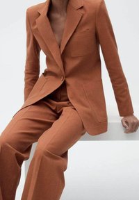 Costume en laine marron avec un blazer ajust�é et un pantalon à jambe large ; le blazer possède une poche poitrine simple et deux poches avant. Texture lisse.