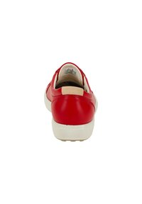 Red leather shoe with a smooth texture, featuring a contrasting white sole and a rounded back. Minimalist design without additional patterns.