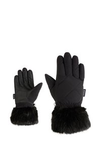 Schwarze isolierte Handschuhe mit einem gesteppten Muster und Kunstfellbündchen. Sie haben glattes Material an den Fingern und ein Etikett an der Seite.