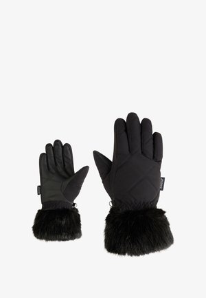 Black insulated gloves with a quilted pattern and faux fur cuffs. Features smooth fabric on fingers and a tag on the side.