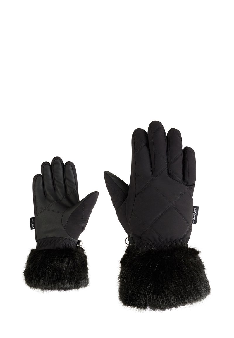 Schwarze isolierte Handschuhe mit einem gesteppten Muster und Kunstfellbündchen. Sie haben glattes Material an den Fingern und ein Etikett an der Seite.