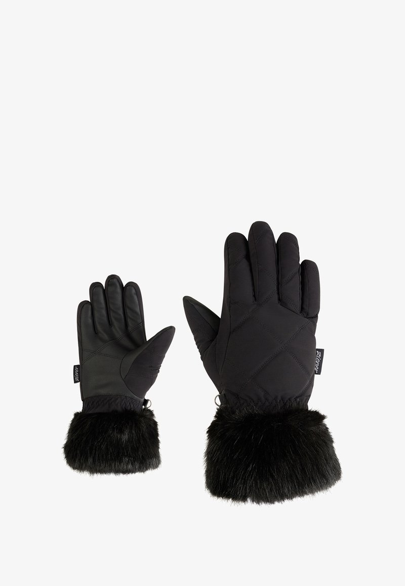 Black insulated gloves with a quilted pattern and faux fur cuffs. Features smooth fabric on fingers and a tag on the side.