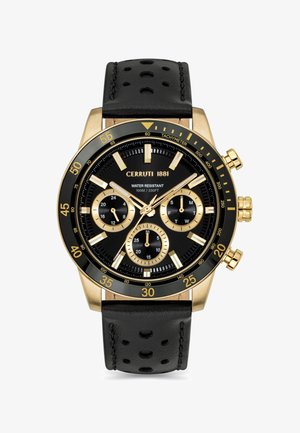 Guldtonad kronografklocka med svart urtavla, svart läderarmband med perforeringar, vattentålig, med tre sub-dialer och tachymeter.