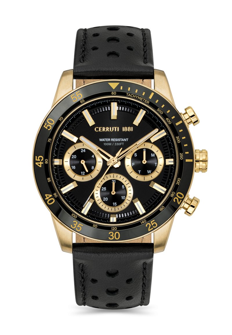 Orologio cronografo dorato con quadrante nero, cinturino in pelle nera con perforazioni, resistente all'acqua, dotato di tre sottodial e tachimetro.