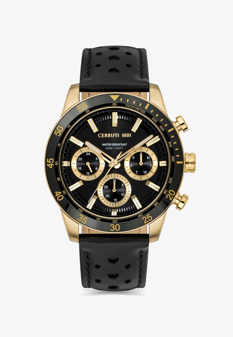 Zelta tonis chronograph pulkstenis ar melnu ciparnīcu, melnu ādas siksniņu ar perforācijām, ūdensizturīgs, ar trim subciparnīcām un tahometru.