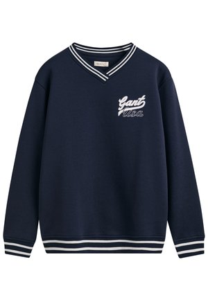 Marineblaues Sweatshirt mit V-Ausschnitt, weißer Logostickerei auf der Brust sowie gestreiften Bündchen und Saum. Hergestellt aus weichem, strukturiertem Stoff.