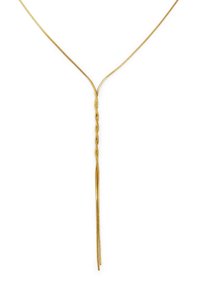 Złocona necklace z cienkim łańcuchem, w kształcie litery Y, z przekręconym akcentem i dwoma wydłużonymi końcami, wszystko o polerowanym wykończeniu.