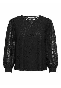 Zwarte kant blouse met een ronde halslijn, lange puffmouwen en een bloemenpatroon over de hele stof. De stof is semi-doorzichtig met een getextureerde afwerking.