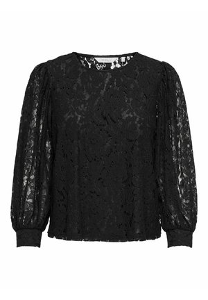 Černá krajková blůza s kulatým výstřihem, dlouhými puff rukávy a květinovým vzorem po celé ploše. Látka je polotransparentní a má strukturovaný povrch.
