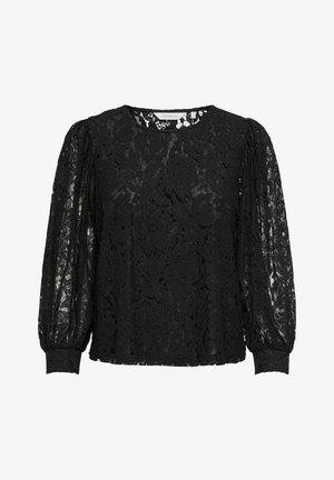 Černá krajková blůza s kulatým výstřihem, dlouhými puff rukávy a květinovým vzorem po celé ploše. Látka je polotransparentní a má strukturovaný povrch.