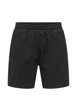 Shorts noirs à taille élastique avec cordon de serrage et poches latérales, confectionnés en tissu texturé, présentés sur fond blanc.