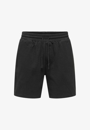 Shorts noirs à taille élastique avec cordon de serrage et poches latérales, confectionnés en tissu texturé, présentés sur fond blanc.