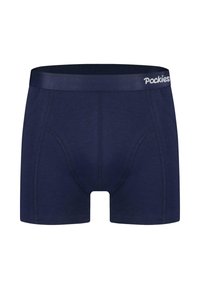 Marineblå boksershorts med en glatt midjebånd som har "Pockies"-merke. Laget av et mykt, elastisk stoff med kontrasterende sømmer.