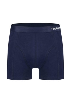 Marineblå boksershorts med en glatt midjebånd som har "Pockies"-merke. Laget av et mykt, elastisk stoff med kontrasterende sømmer.
