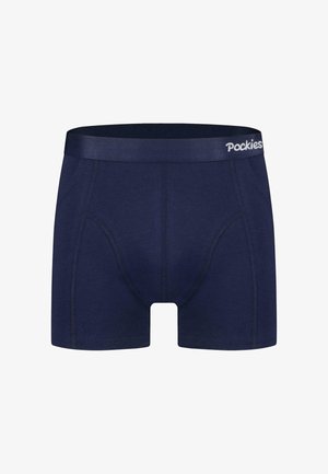Marineblå boksershorts med en glatt midjebånd som har "Pockies"-merke. Laget av et mykt, elastisk stoff med kontrasterende sømmer.