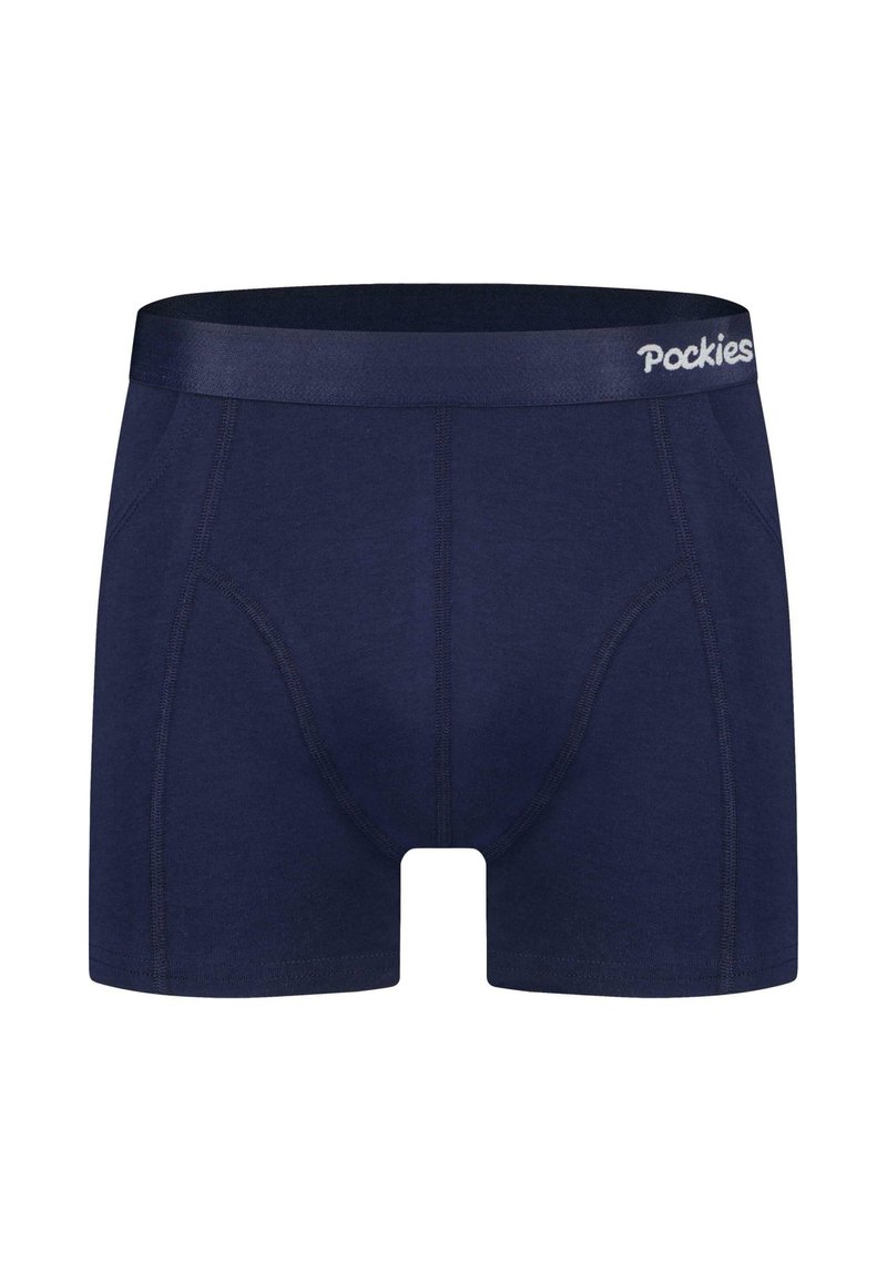 Marineblå boksershorts med en glatt midjebånd som har "Pockies"-merke. Laget av et mykt, elastisk stoff med kontrasterende sømmer.