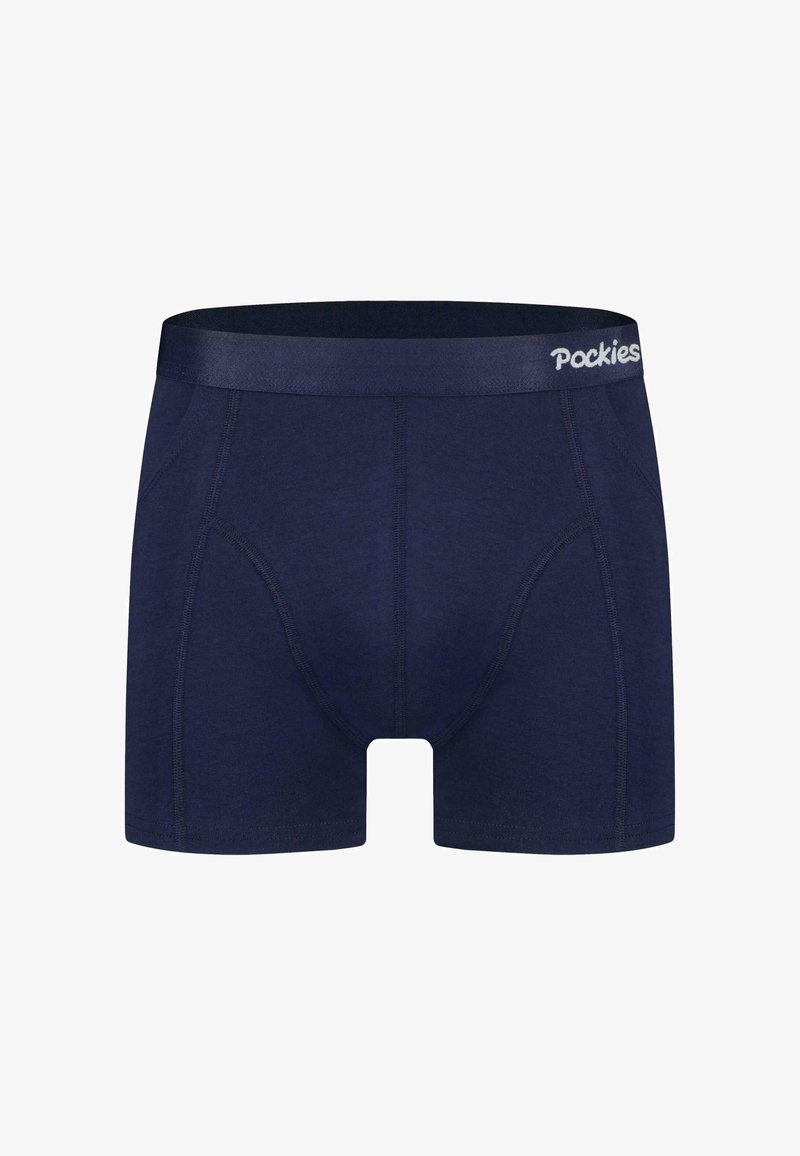 Boxer blu navy con una cintura lisa caratterizzata dal marchio 'Pockies'. Realizzati in un tessuto morbido e stretch con cuciture a contrasto.