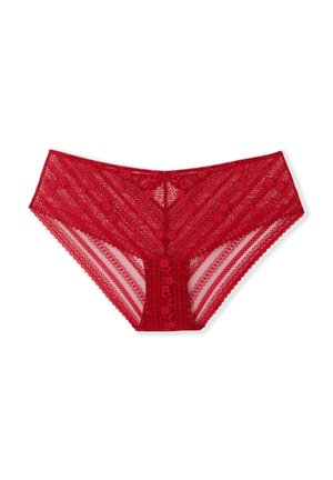 Red lace bikini-style underwear with intricate floral patterns, wide lace waistband, and semi-sheer panels for a delicate appearance.