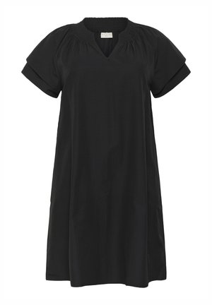 Robe en coton noire à coupe ample avec des manches courtes, un décolleté en V et des détails de encolure smockée. Design simple sans motifs ni accent supplémentaires.