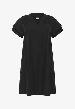 Vestido de algodón negro de corte holgado con mangas cortas, escote en V y detalles de smock en el escote. Diseño sencillo sin patrones o acentos adicionales.