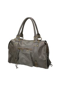 Sac à main en cuir gris avec quincaillerie en bronze, doubles poignées et poche zippée à l'avant ; finition texturée et pompon décoratif.