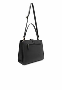 Borsa a tracolla nera in pelle con un design strutturato, tracolla regolabile, tasca frontale con zip e dettagli in metallo dorato.