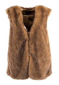 Gilet in finta pelliccia marrone con design senza maniche, scollatura a V profonda e texture morbida. Interno foderato e finitura liscia sui bordi.