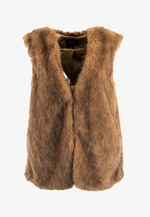 Gilet in finta pelliccia marrone con design senza maniche, scollatura a V profonda e texture morbida. Interno foderato e finitura liscia sui bordi.