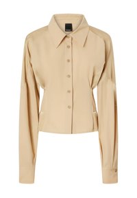 Bež košulja dugih rukava s ovratnikom, dugmadi sprijeda i prilagođenim krojem. Glatka tkanina s ugrađenim dizajnom ramena.