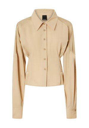 Camicia beige con maniche lunghe, colletto, chiusura frontale con bottoni e vestibilità su misura. Tessuto liscio con design delle spalle inserito.
